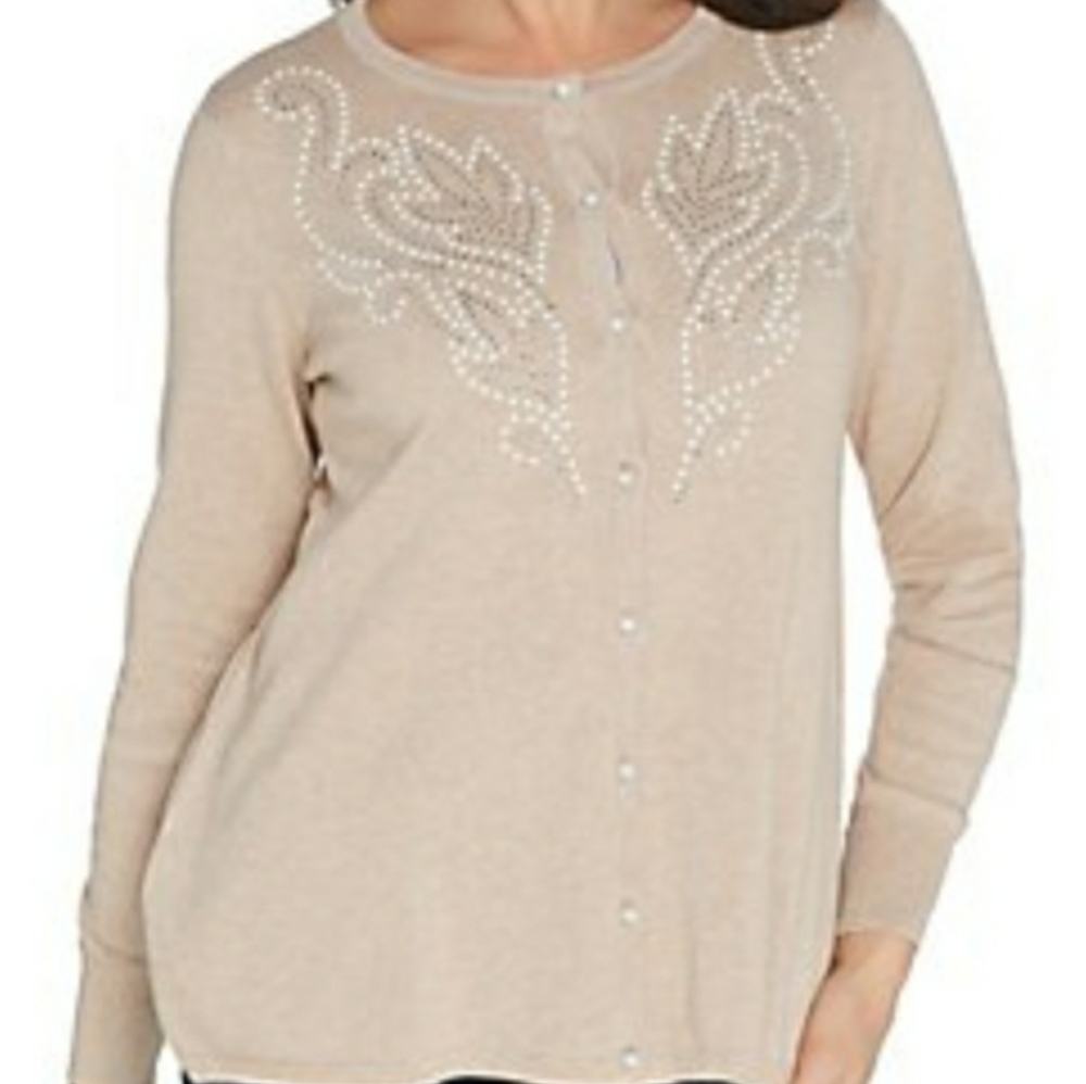 Bob Mackie Pearl Scroll Design Ivory Cardigan SZ M NWT